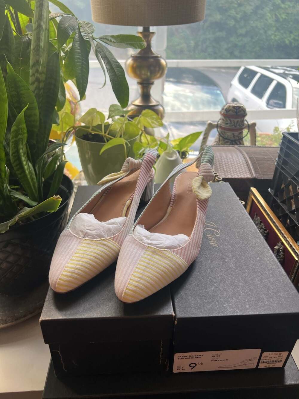 J.Crew Fabric Slingback Bow Block Heel Size 9.5 Ivory Multi Stripe